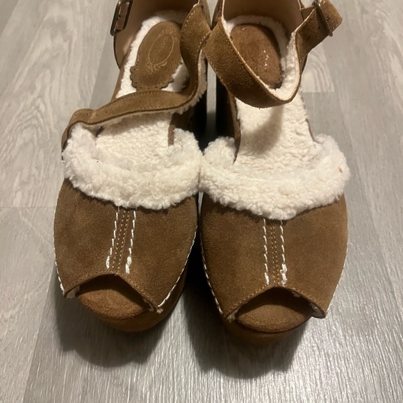 Joyfolie Tan Suede Platform Shoes with Cream Accents
